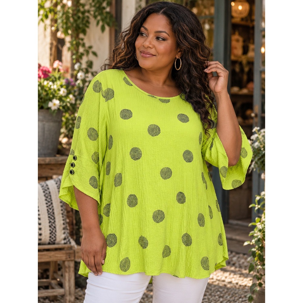 Ali Miles Neon Green Polka Dot Crinkle Textured 3/4 Bell Sleeve Tunic Top Medium